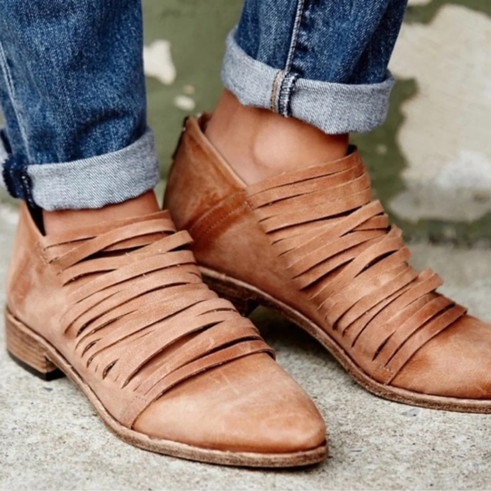 Free People Lost Valley Ankle Boot Tan Strappy Italian Leather Size 36 (EU) US 6 - Picture 1 of 10